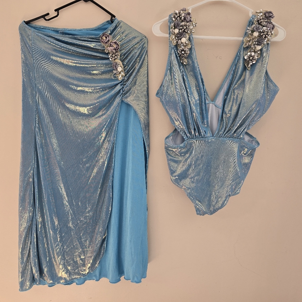 Women Swimsuit Deep V Heavy Industry Solid Color Glossy One-Piece Swimsuit Set